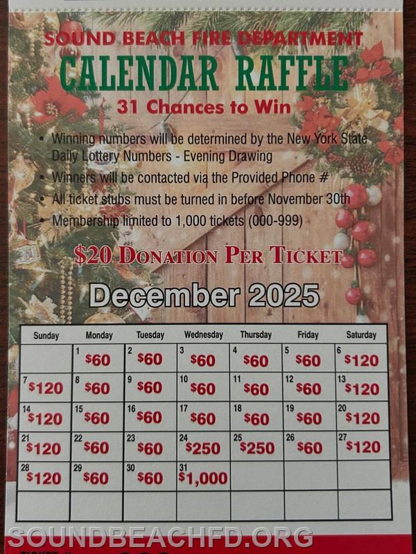 Seaside Raffle Annual Calendar Raffle Tickets - Sound Beach Fire Department